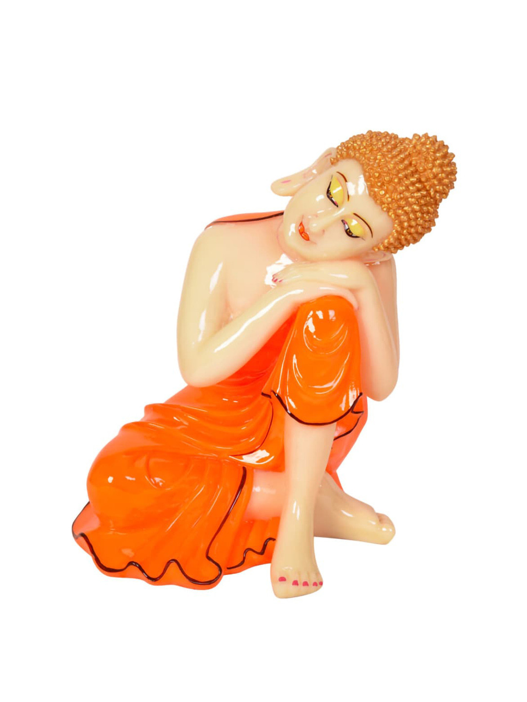 Gifts N Greetings Resting on Knee Gautam Buddha Orange Polyresin Glossy Prayer Room Small Showpiece - 3.1 Inches