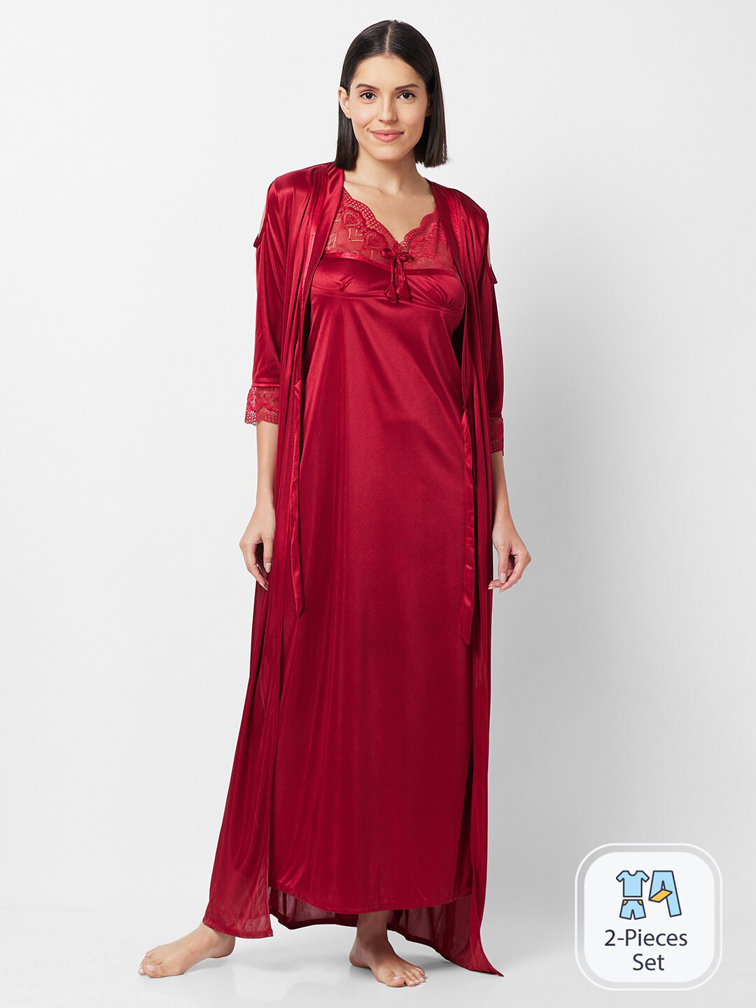 FashionRack Lace Shoulder Strap Satin 2 Piece Wrap Nightdress