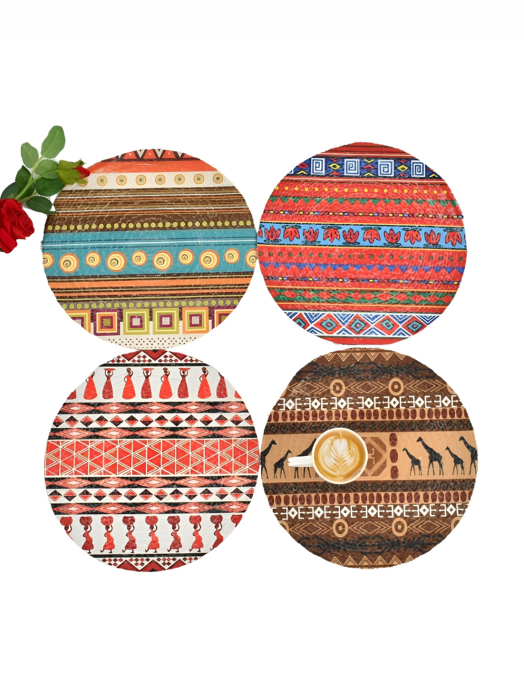 HOMADORN 4 Pcs Red & Blue 4 Pcs Ethnic Motifs Round Table Placemats