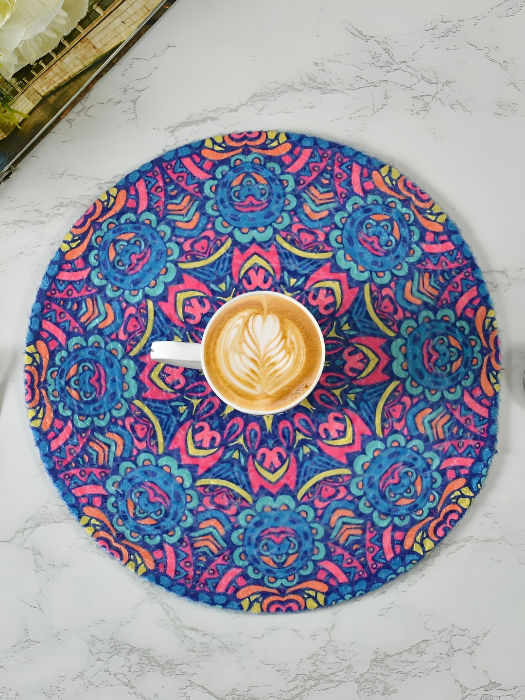 HOMADORN Blue & Pink Ethnic Motifs Round Table Placemats