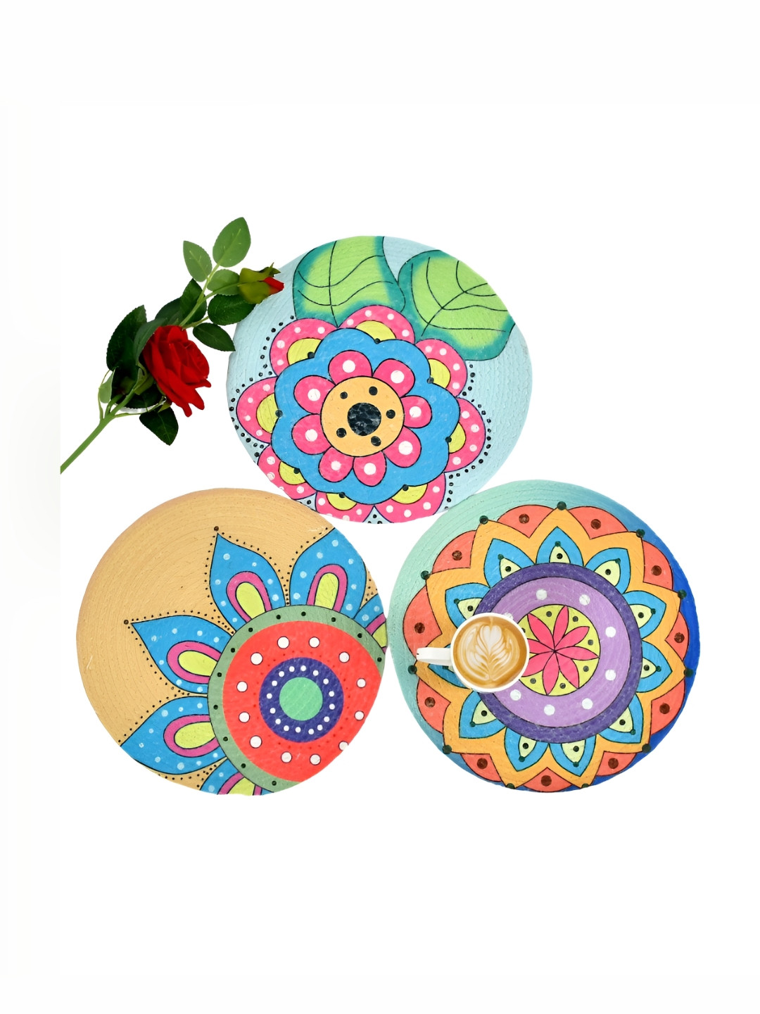 HOMADORN Pink & Blue 3Pcs Ethnic Motifs Round Table Placemats