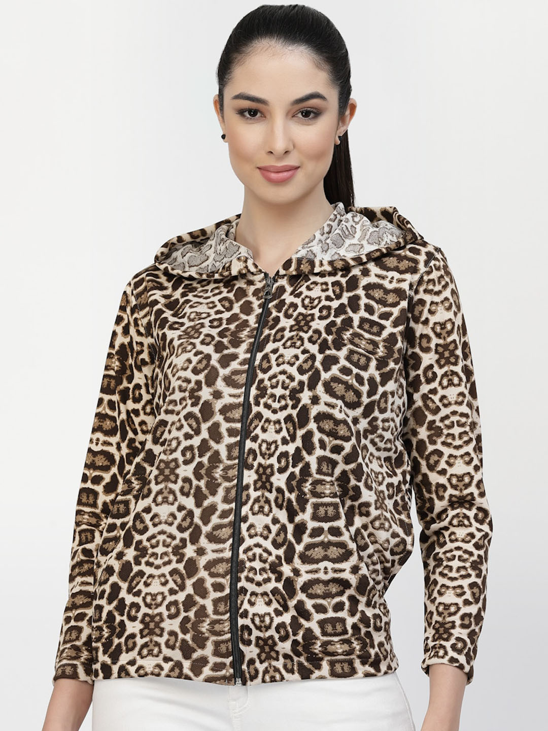 UZARUS Animal Printed Hooded Neck Long Sleeve Lightweight Zip Detail Training Jacket