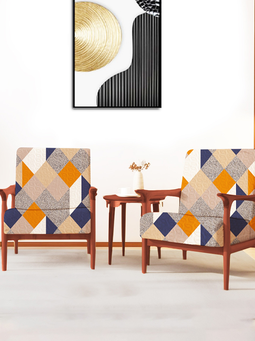 ohello 4 Pcs Orange & Grey Stretchable Elasticated Printed Polyester Sofa Seat Covers