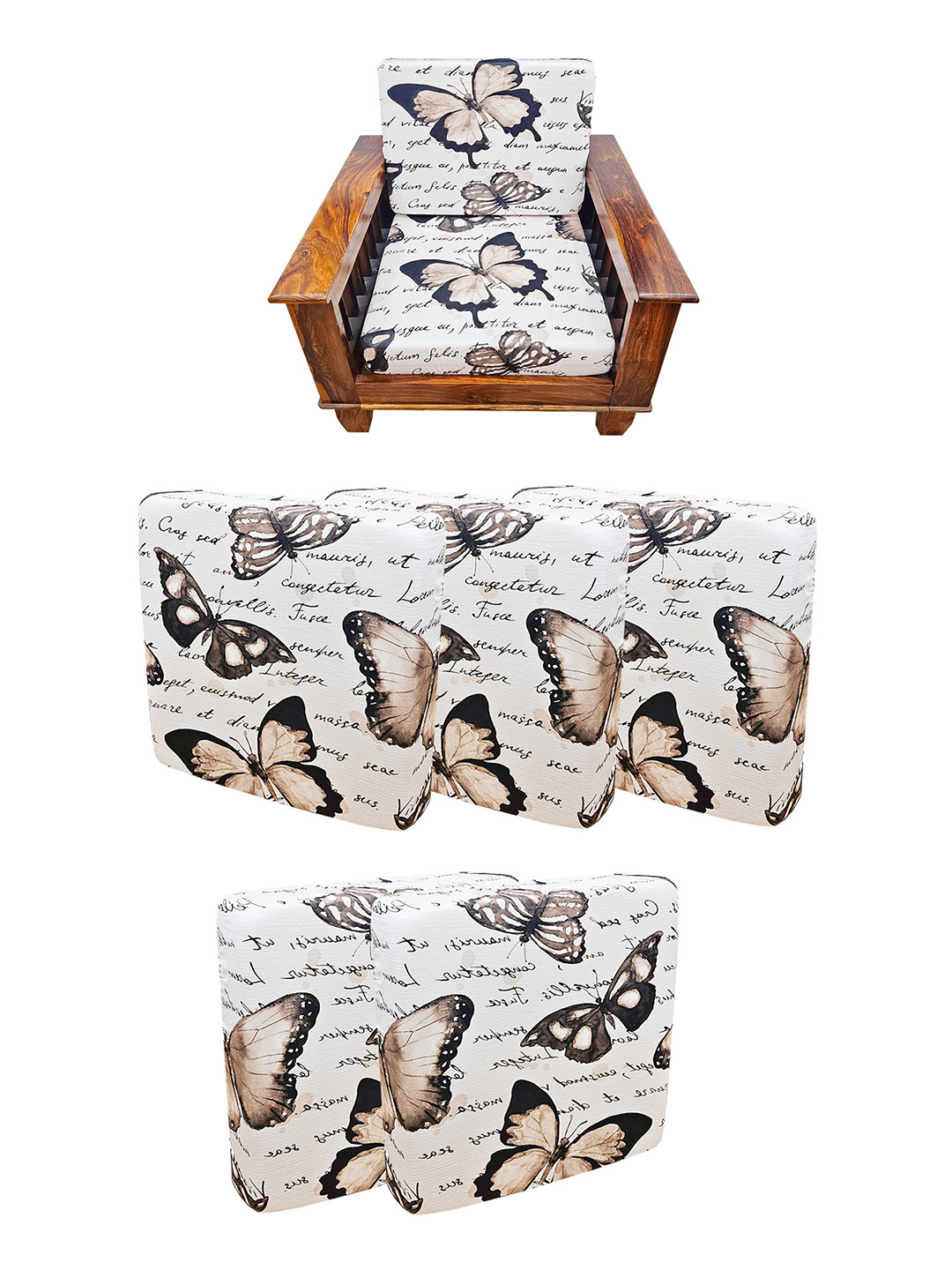 ohello 5 Pcs Beige & Black Stretchable Elasticated Printed Polyester Sofa Seat Covers