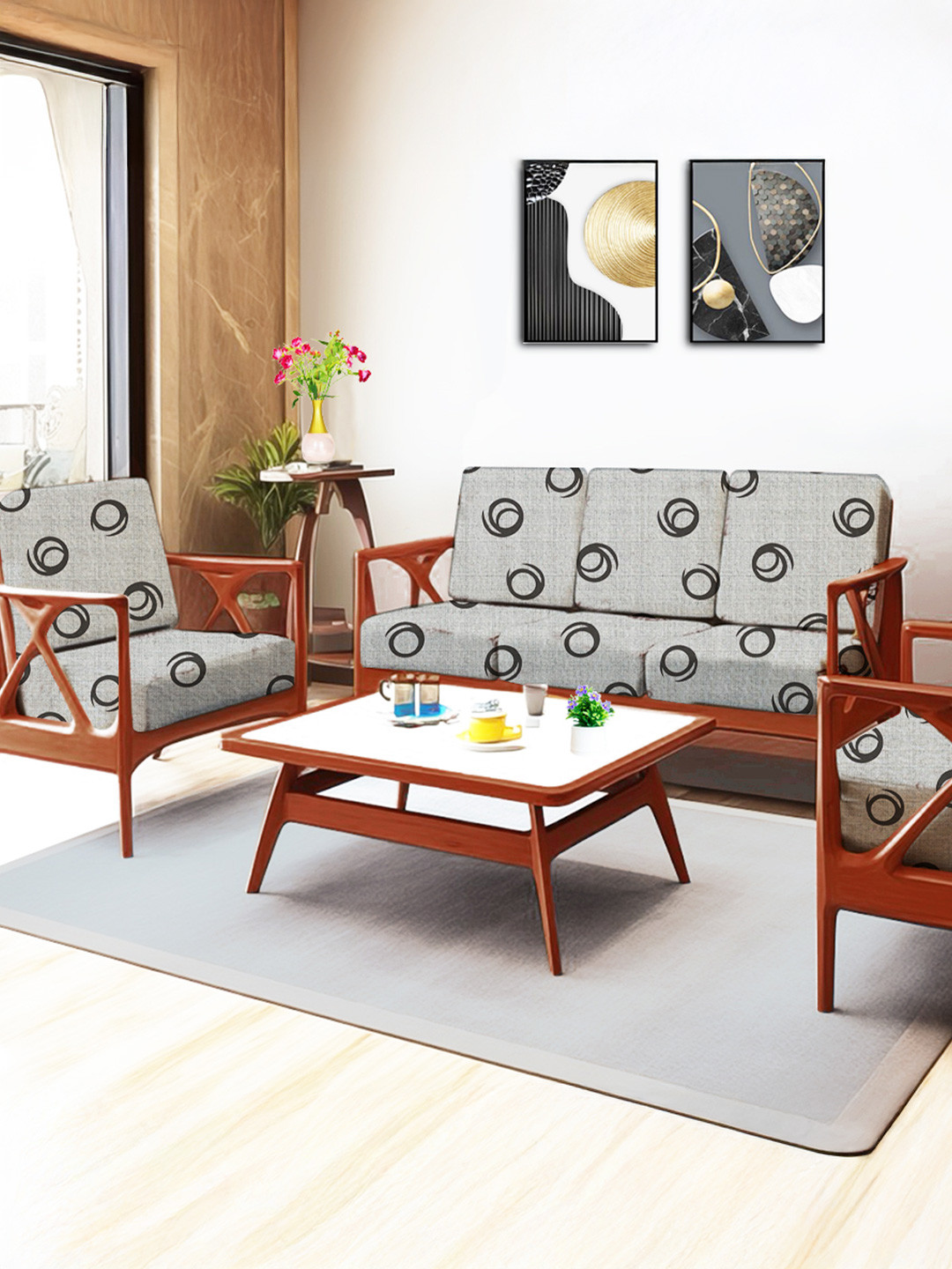 ohello 10 Pcs Grey & Black Stretchable Elasticated Printed Polyester Sofa Seat Covers