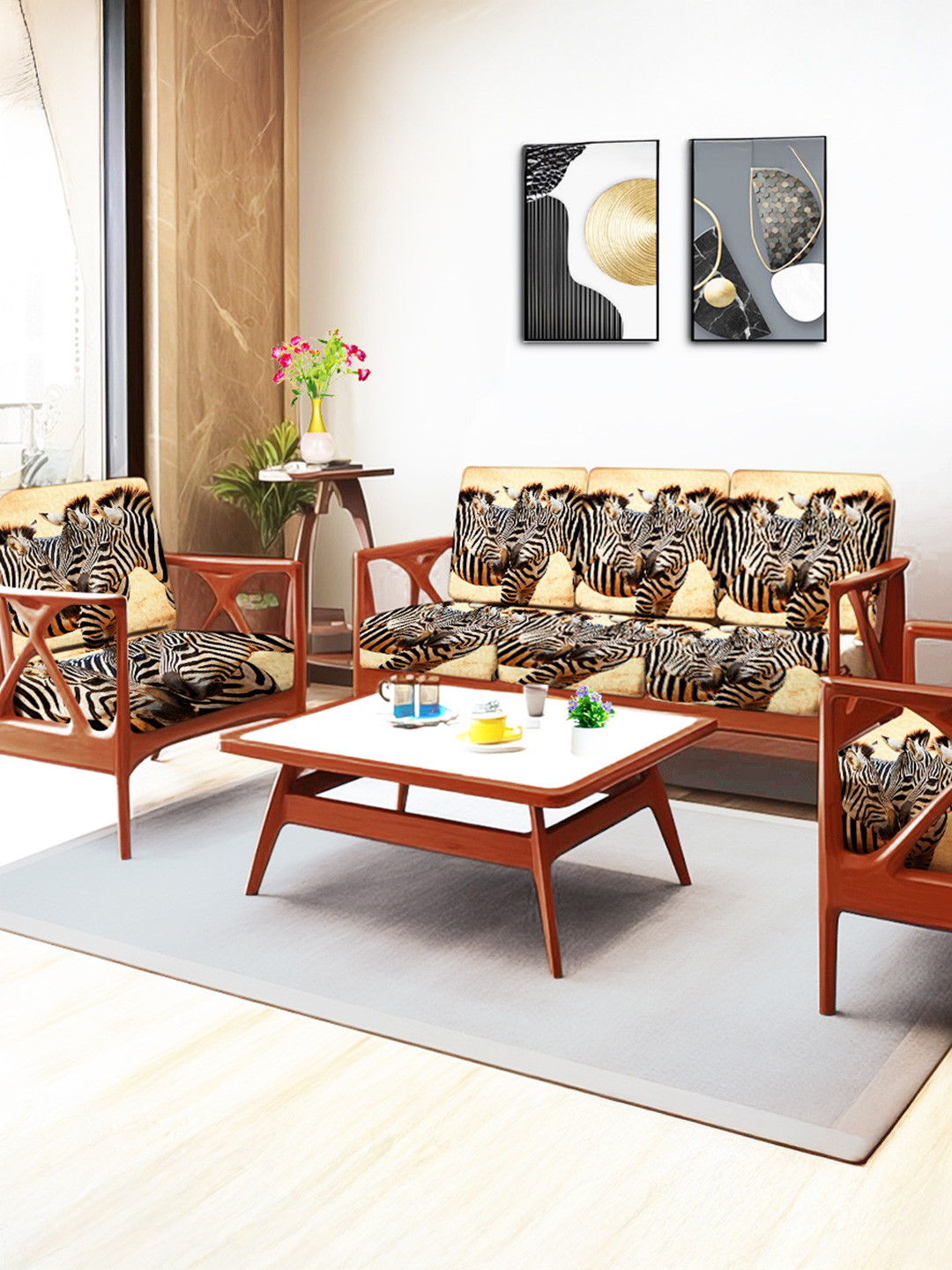 ohello 10 Pcs Beige & Black Stretchable Elasticated Printed Polyester Sofa Seat Covers