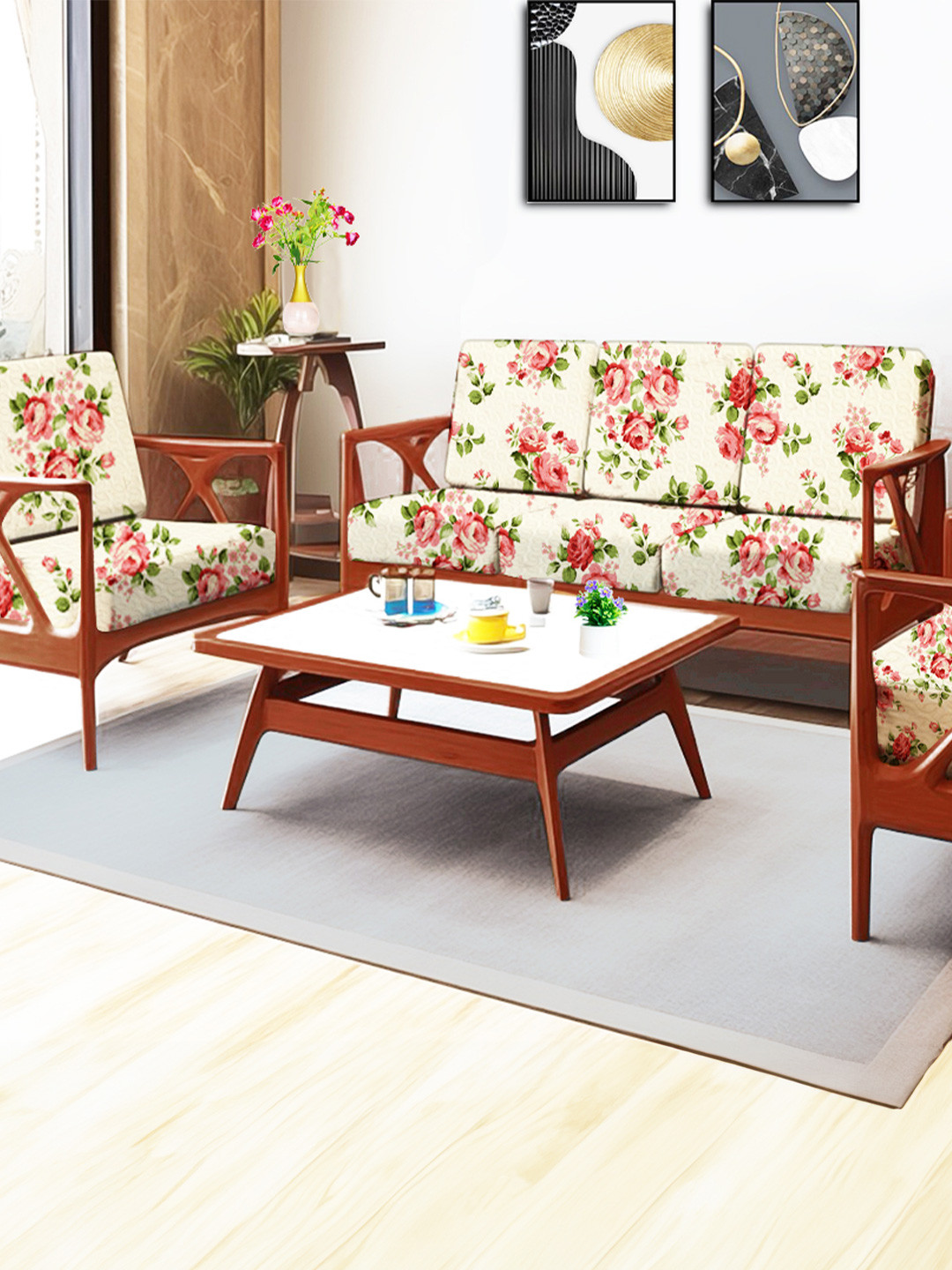 ohello 10 Pcs Cream & Red Stretchable Elasticated Printed Polyester Sofa Seat Covers