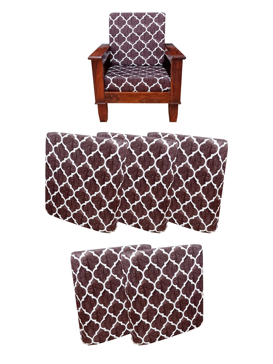 ohello 5 Pcs Textured Brown Stretchable Elasticated Printed Polyester Sofa Seat Covers