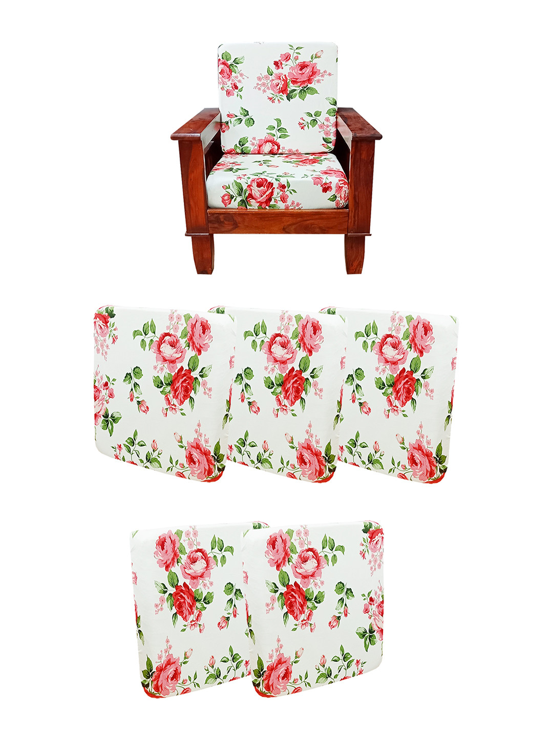ohello 5 Pcs Cream & Red Stretchable Elasticated Printed Polyester Sofa Seat Covers