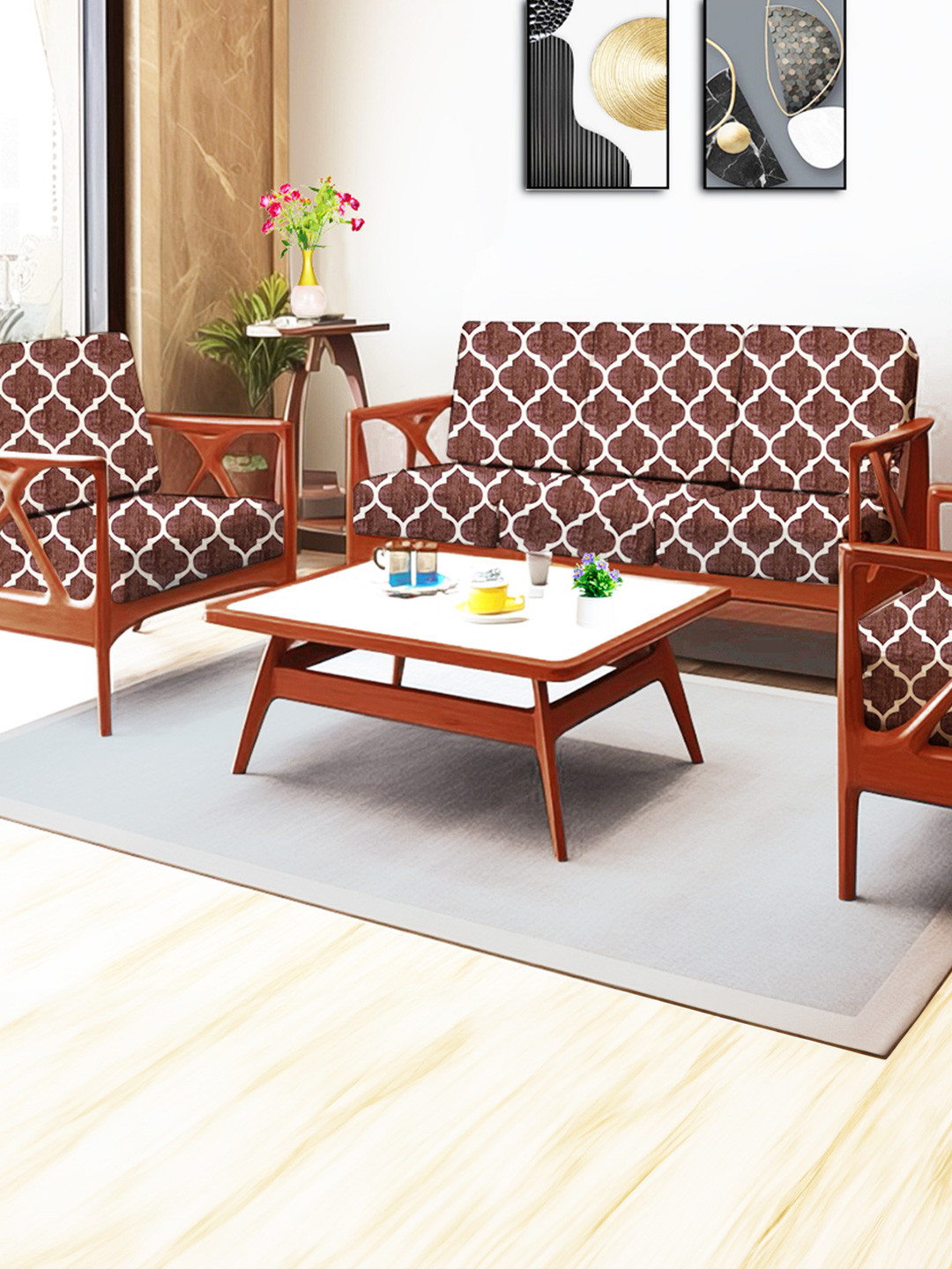 ohello 10 Pcs Textured Brown Stretchable Elasticated Printed Polyester Sofa Seat Covers