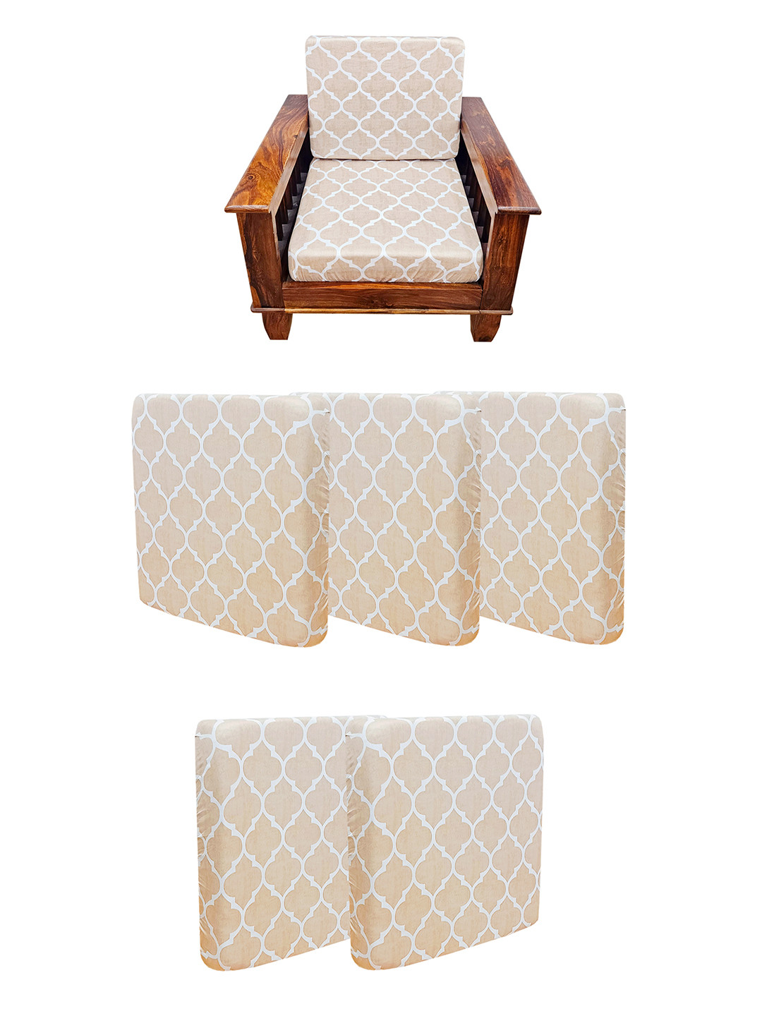 ohello 5 Pcs Textured Beige Stretchable Elasticated Printed Polyester Sofa Seat Covers