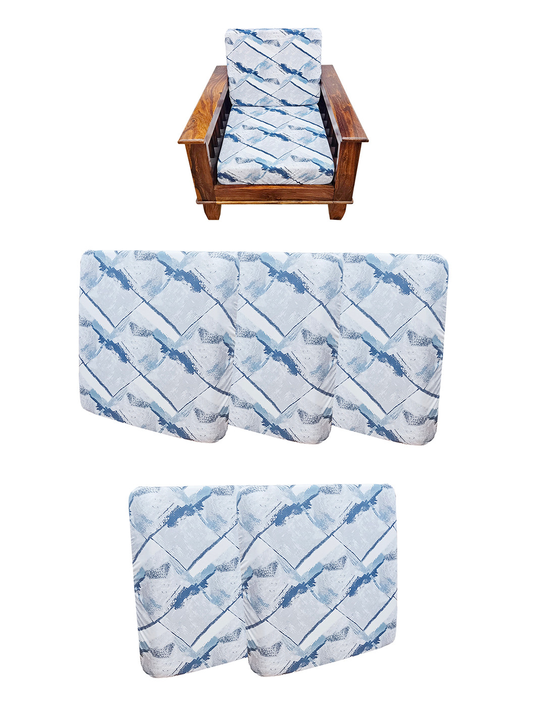 ohello 5 Pcs Blue & Grey Stretchable Elasticated Printed Polyester Sofa Seat Covers