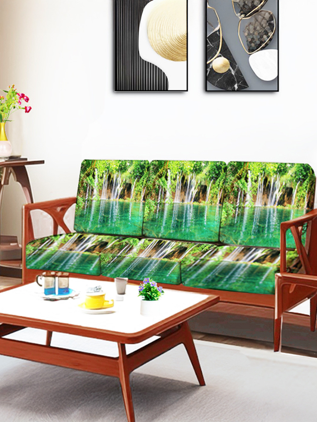 ohello 6 Pcs White & Green Stretchable Elasticated Printed Polyester Sofa Seat Covers