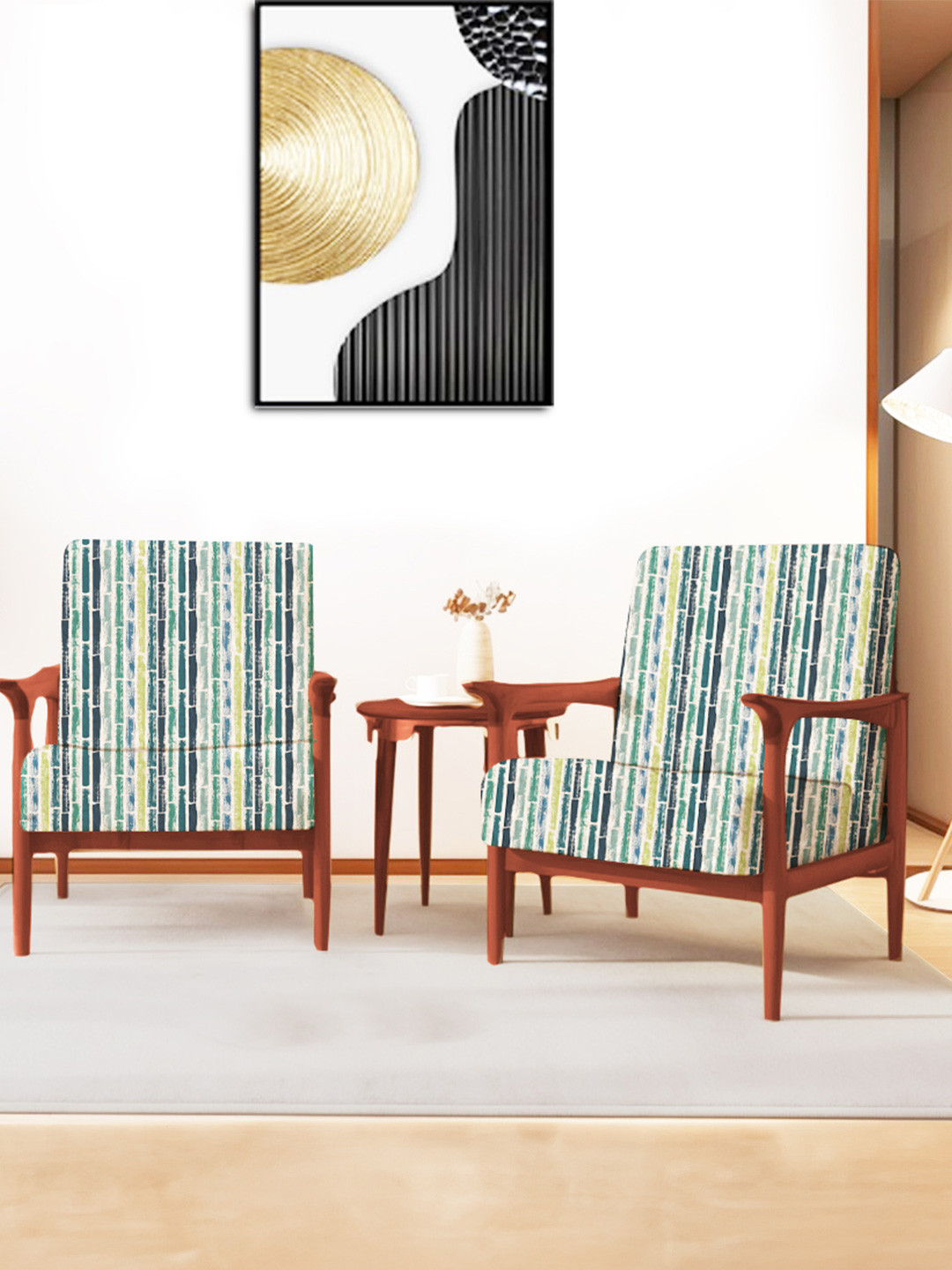 ohello 4 Pcs Green & Blue Stretchable Elasticated Printed Polyester Sofa Seat Covers