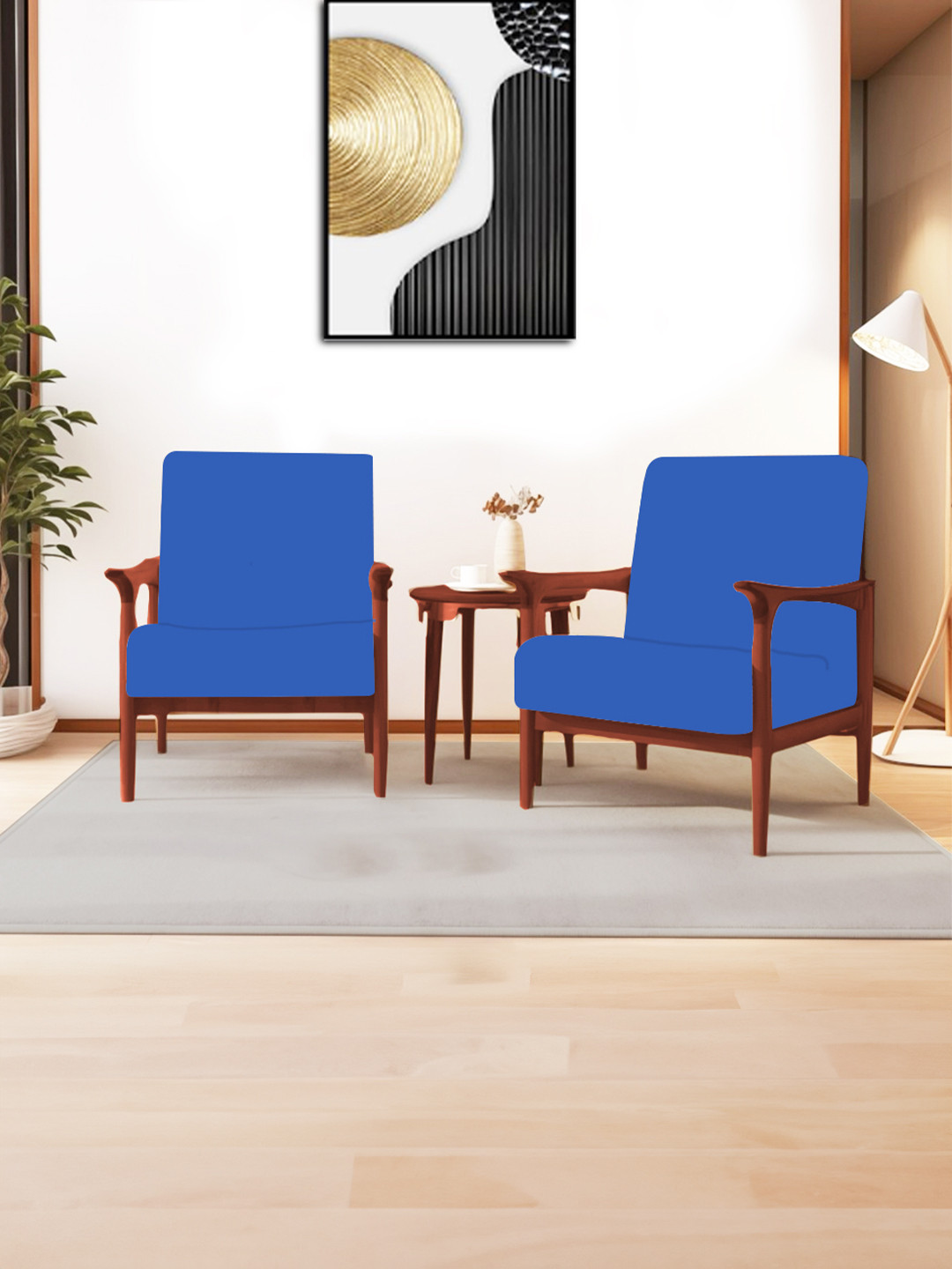 ohello 4 Pcs Marine Blue Stretchable Elasticated Solid Polyester Sofa Seat Covers