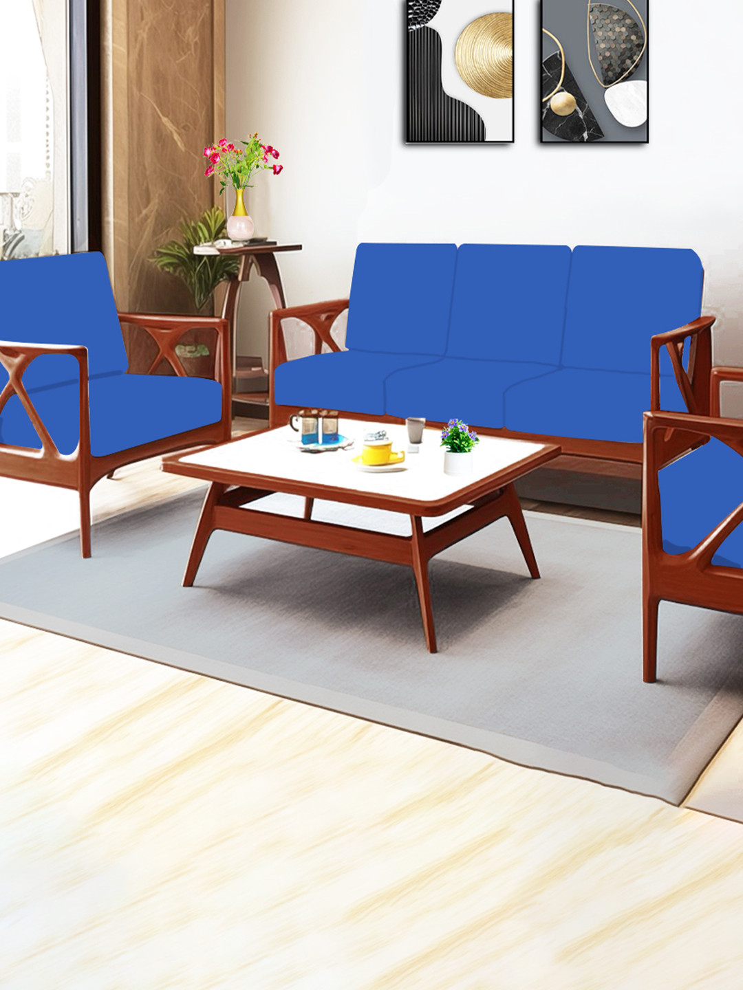 ohello 10 Pcs Marine Blue Stretchable Elasticated Solid Polyester Sofa Seat Covers