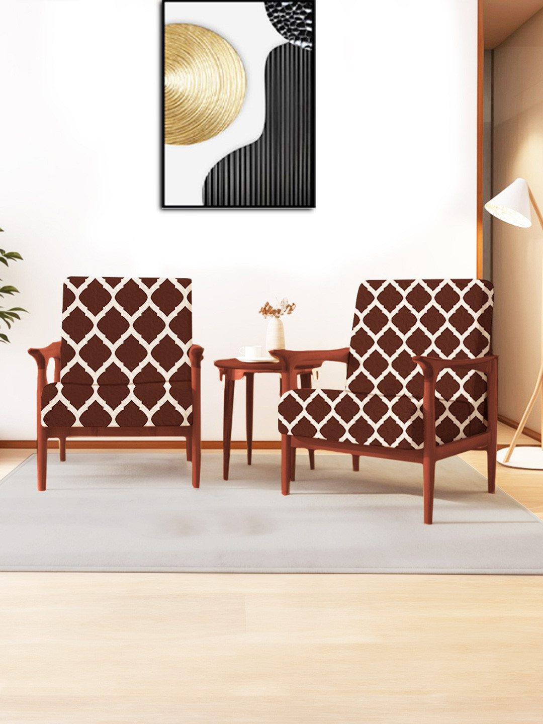 ohello 4 Pcs Brown Stretchable Elasticated Printed Polyester Sofa Seat Covers