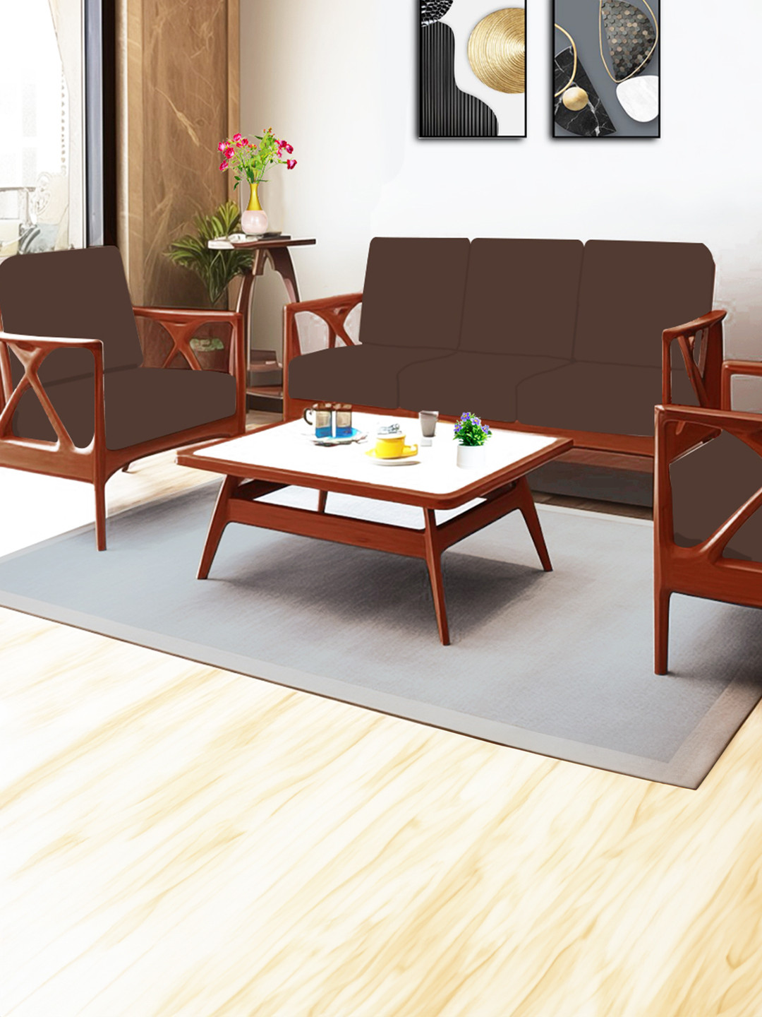 ohello 10 Pcs Brown Stretchable Elasticated Solid Polyester Sofa Seat Covers