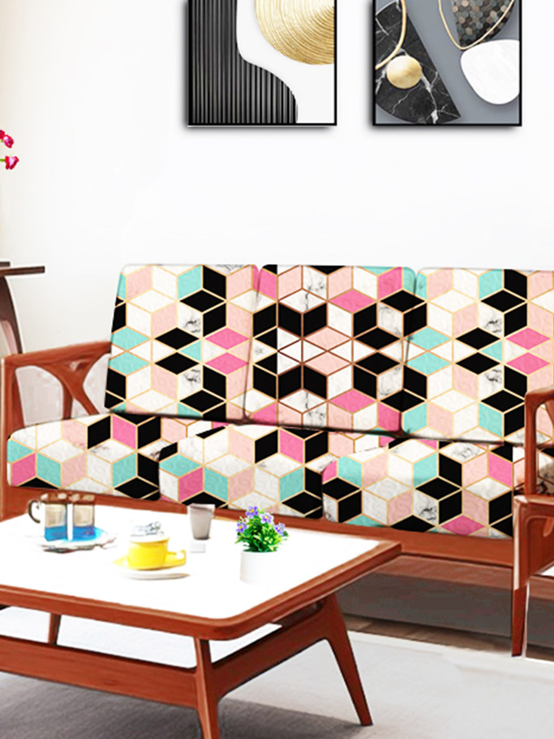 ohello 6 Pcs Cyan & Pink Stretchable Elasticated Printed Polyester Sofa Seat Covers