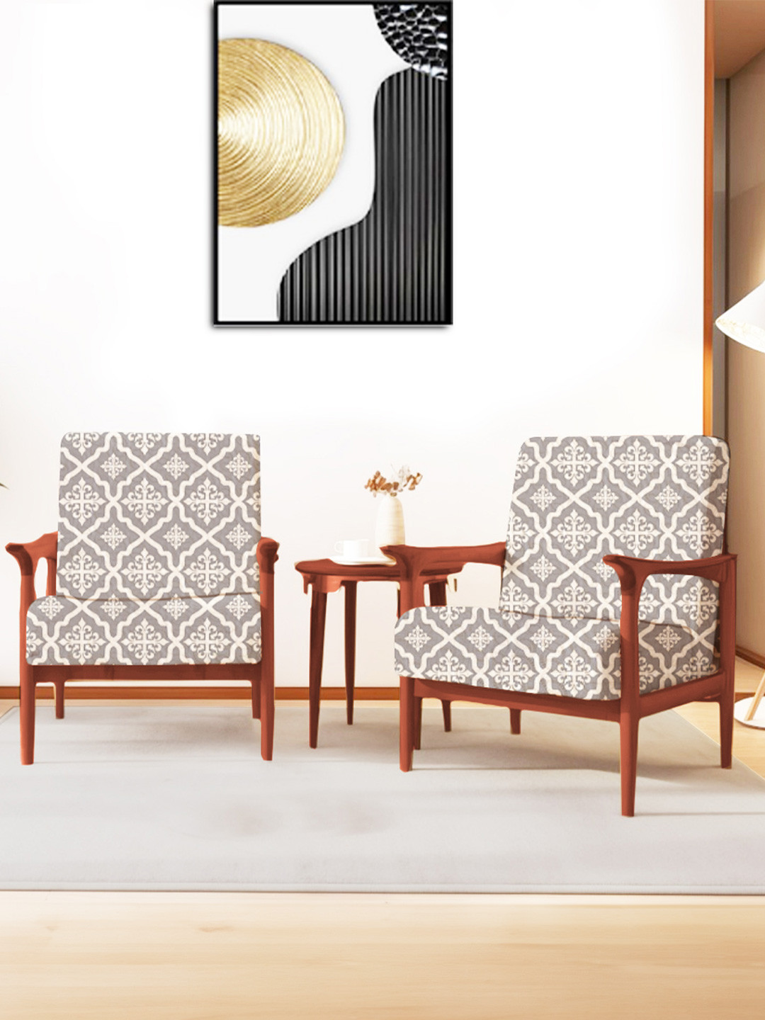 ohello 4 Pcs White & Grey Stretchable Elasticated Printed Polyester Sofa Seat Covers