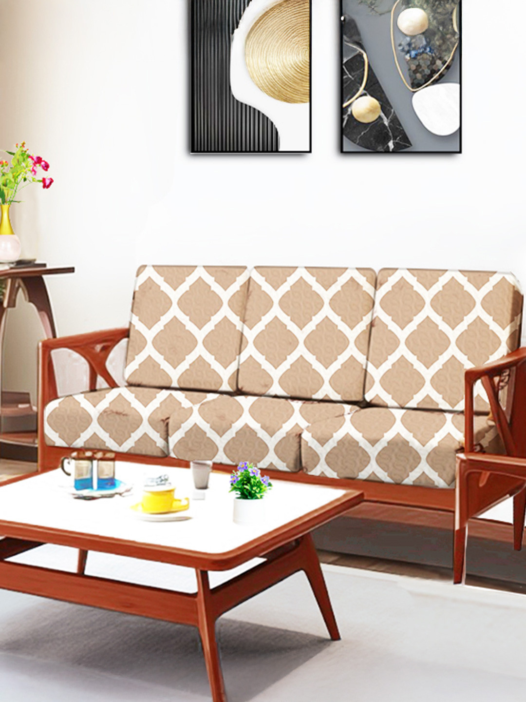 ohello 6 Pcs Beige Stretchable Elasticated Printed Polyester Sofa Seat Covers