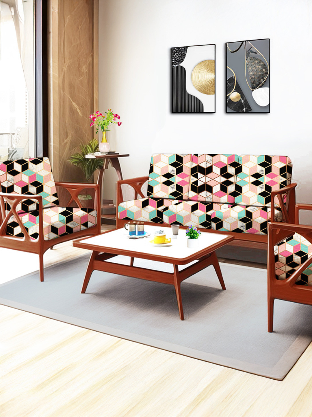 ohello 10 Pcs Cyan & Pink Stretchable Elasticated Printed Polyester Sofa Seat Covers