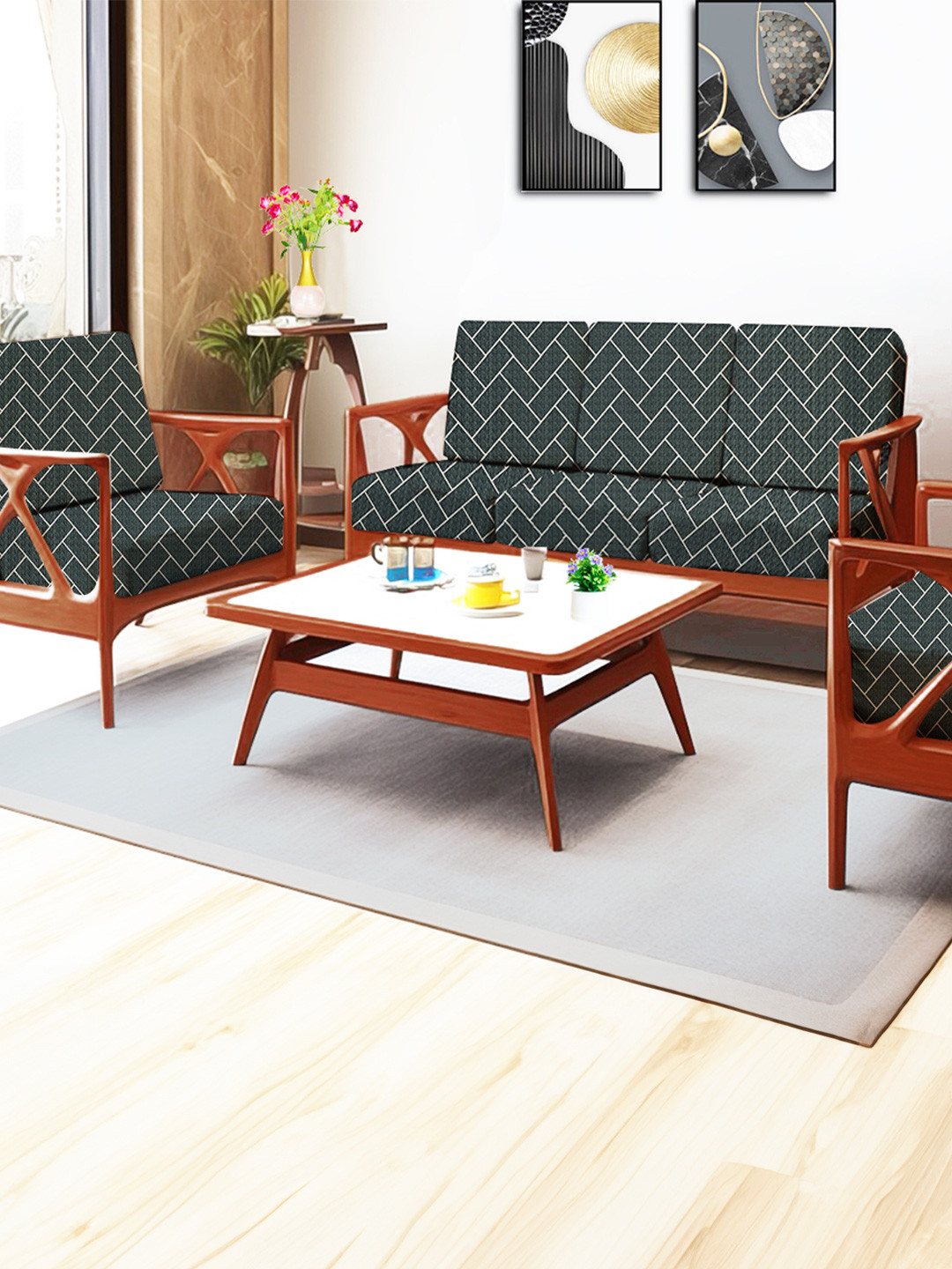 ohello 10 Pcs Dark Grey Stretchable Elasticated Printed Polyester Sofa Seat Covers