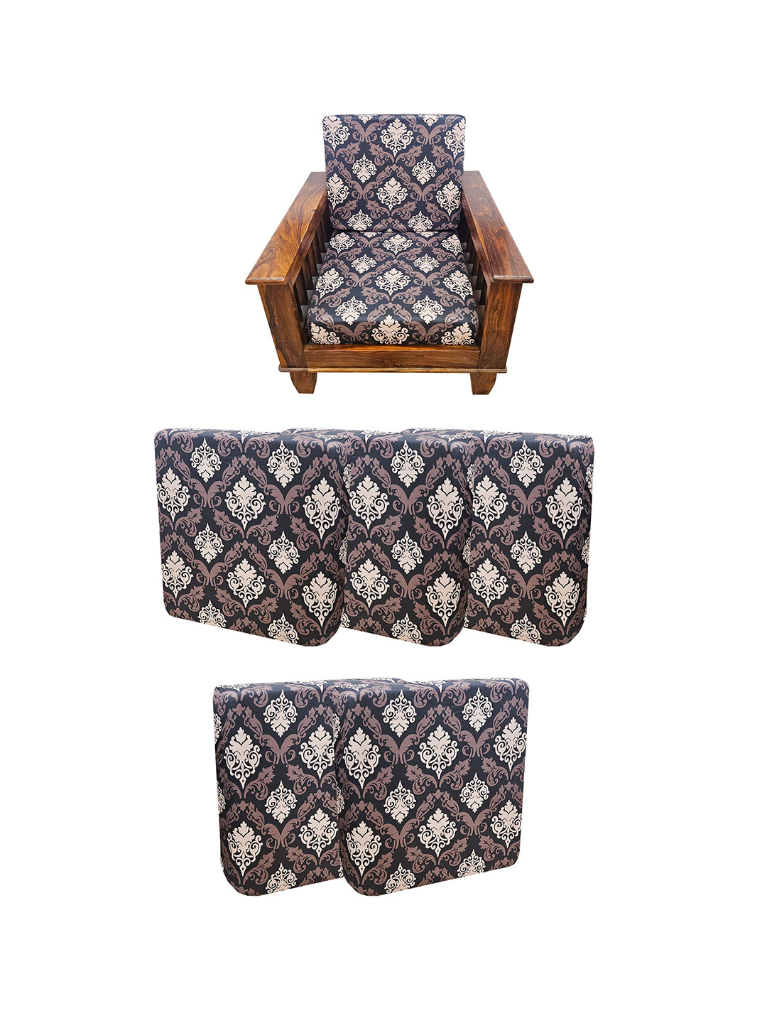 ohello 5 Pcs Brown & Cream Stretchable Elasticated Printed Polyester Sofa Seat Covers