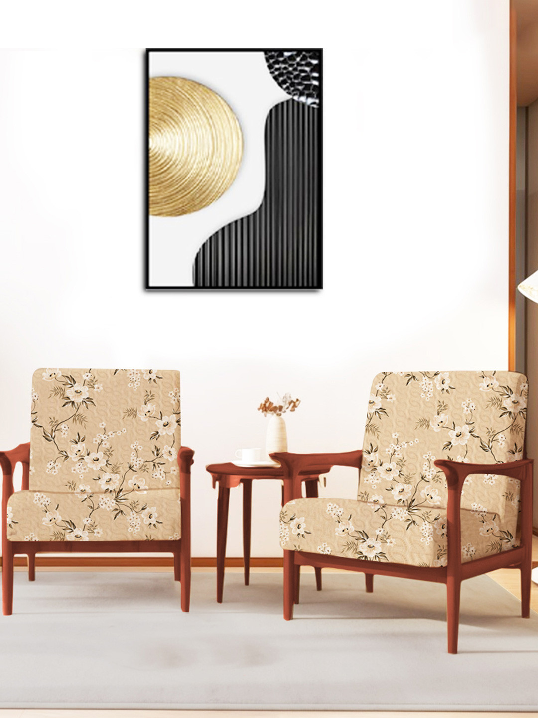 ohello 4 Pcs Beige & White Stretchable Elasticated Printed Polyester Sofa Seat Covers