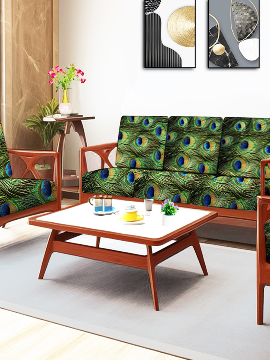 ohello 10 Pcs Blue & Green Stretchable Elasticated Printed Polyester Sofa Seat Covers