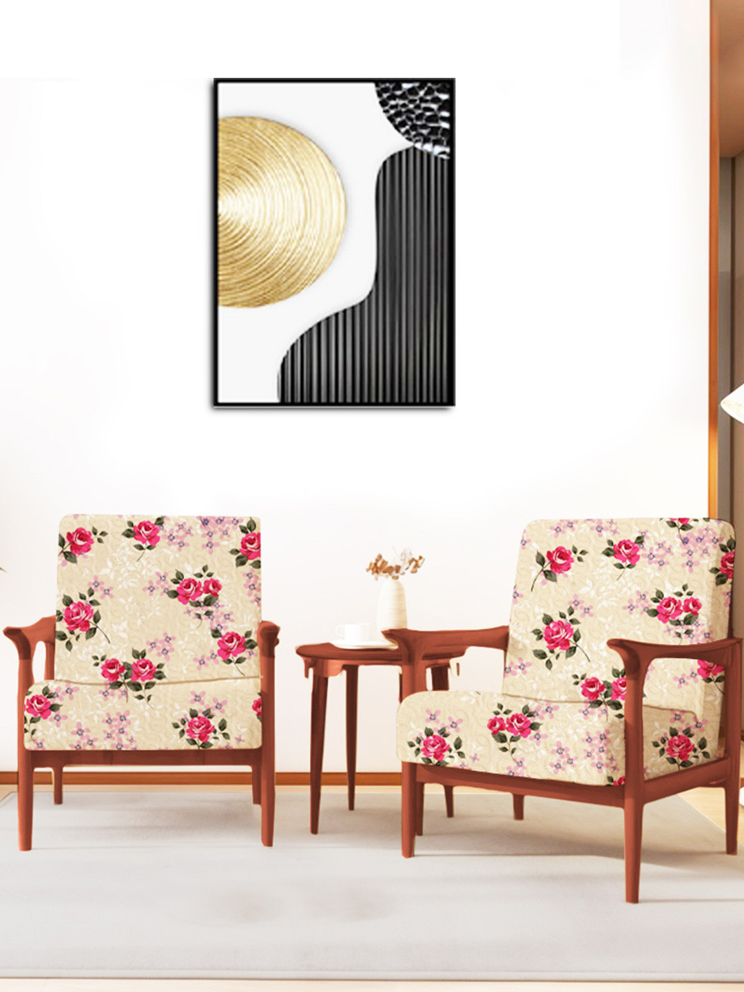 ohello 4 Pcs Beige & Pink Stretchable Elasticated Printed Polyester Sofa Seat Covers