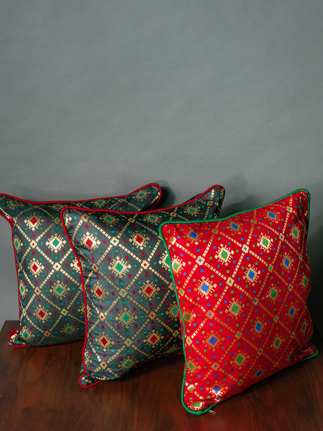 RoyalDeco Red Ethnic Motifs Brocade Washable 3 Piece Zari Square Cushion Covers -12x12In