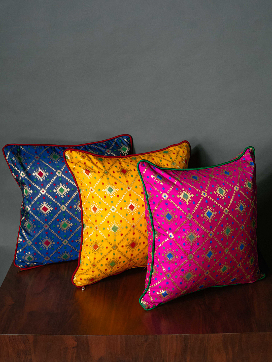 RoyalDeco Assorted Blue & Pink 3 Pieces Ethnic motifs Brocade Square Cushion Covers
