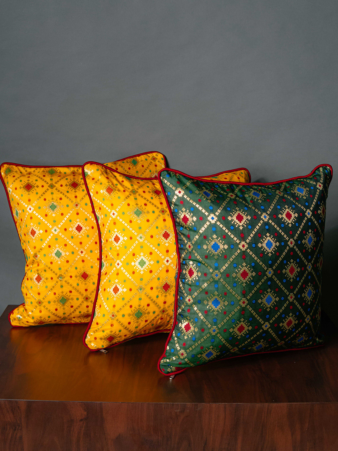 RoyalDeco Yellow & Green 3 Pcs Ehinic Motifs Brocade Square cushion Covers
