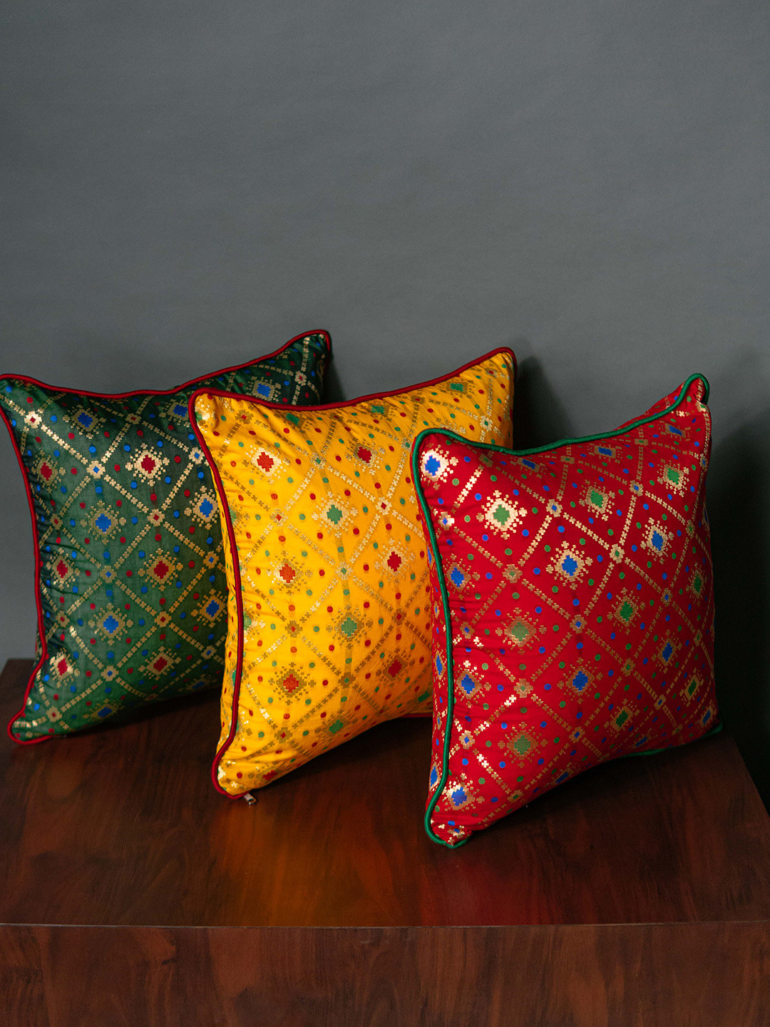 RoyalDeco Green & Red 3 Pieces Bandhani Brocade Square Cushion Covers