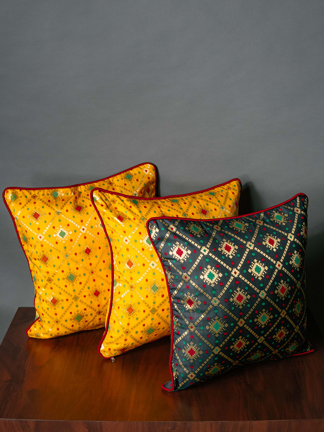 RoyalDeco Mesmerizing Bandhani Ethnic Motifs Brocade 3 Pcs Textured Cushion Covers - 12 x 12 In
