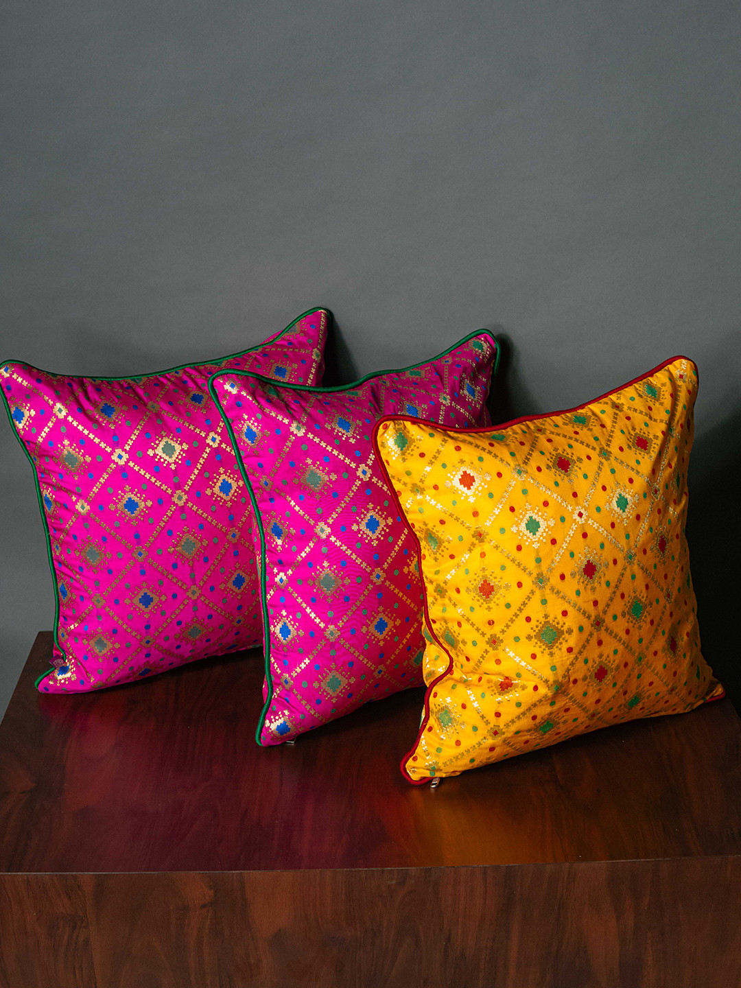 RoyalDeco Pink & Yellow 3 Pieces Ethnic Motifs Brocade Cushion Covers