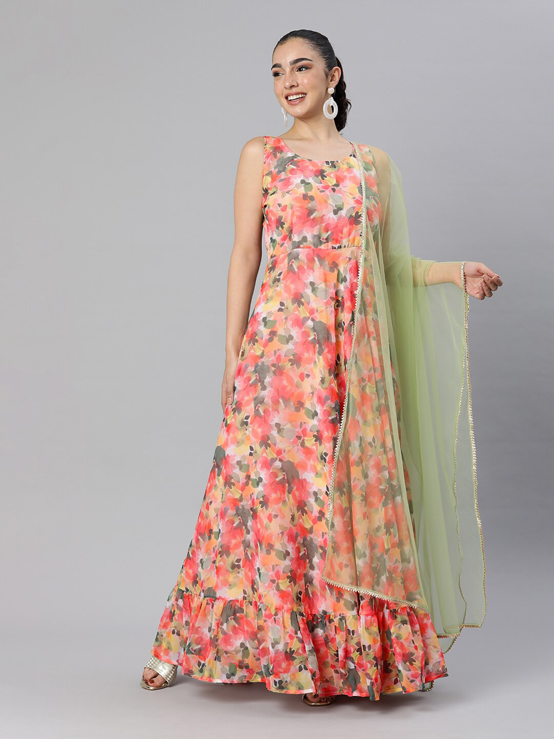 Vinya Floral Printed Fit & Flare Ethnic Dress With Dupatta