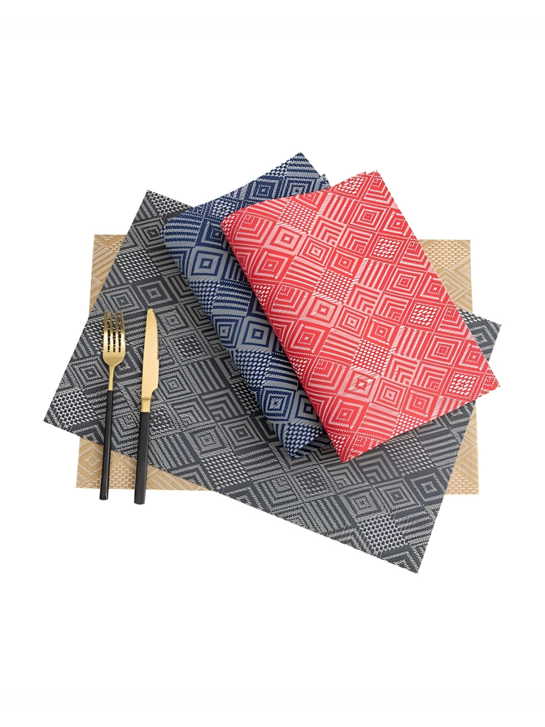 YELONA  Blue & Grey 8 pcs Geometric Patterned Rectangular Table Placemats