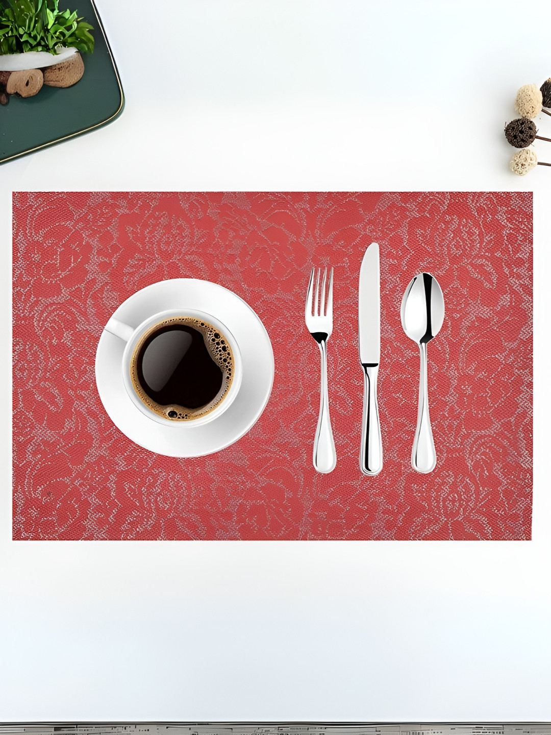 YELONA Red & Grey 6 pcs Floral Patterned Rectangular Table Placemats