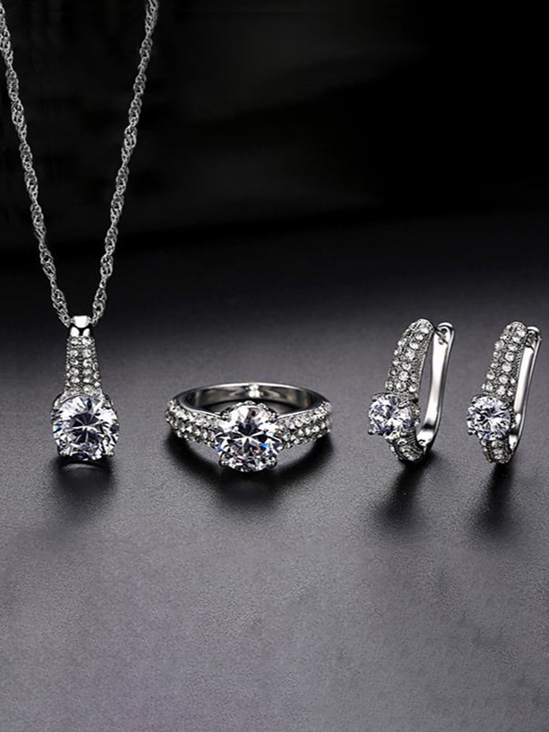 Peora Silver Plated CZ Studded Pendant Chain Necklace Finger Ring & Earrings