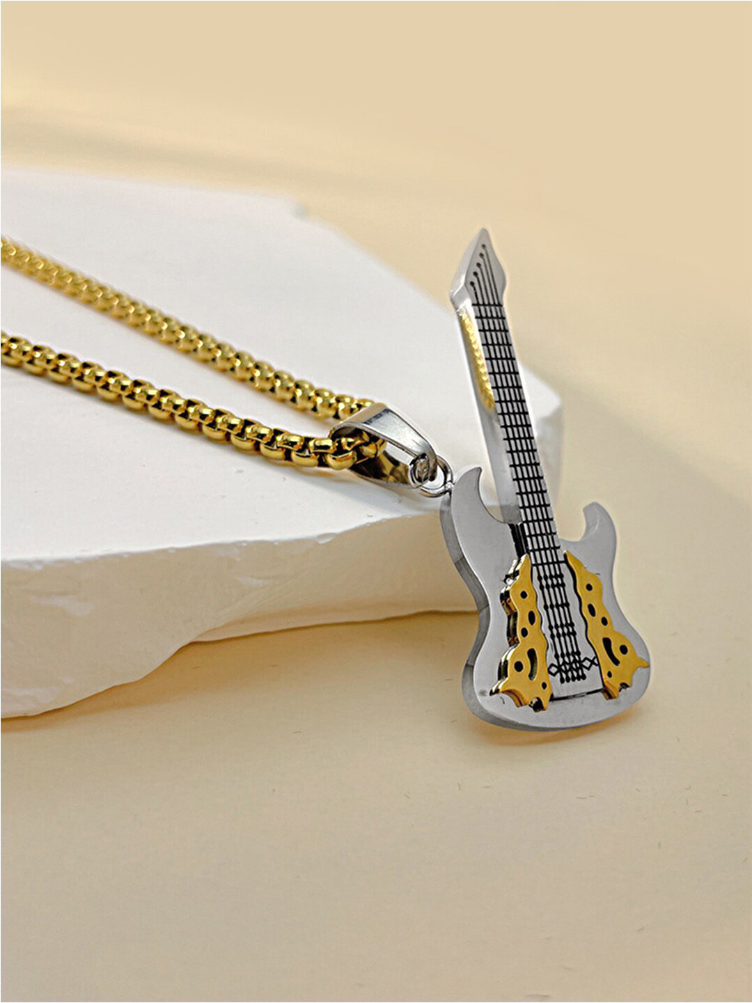 Peora Silver & Gold Plated Guitar Shape Pendant With Chain