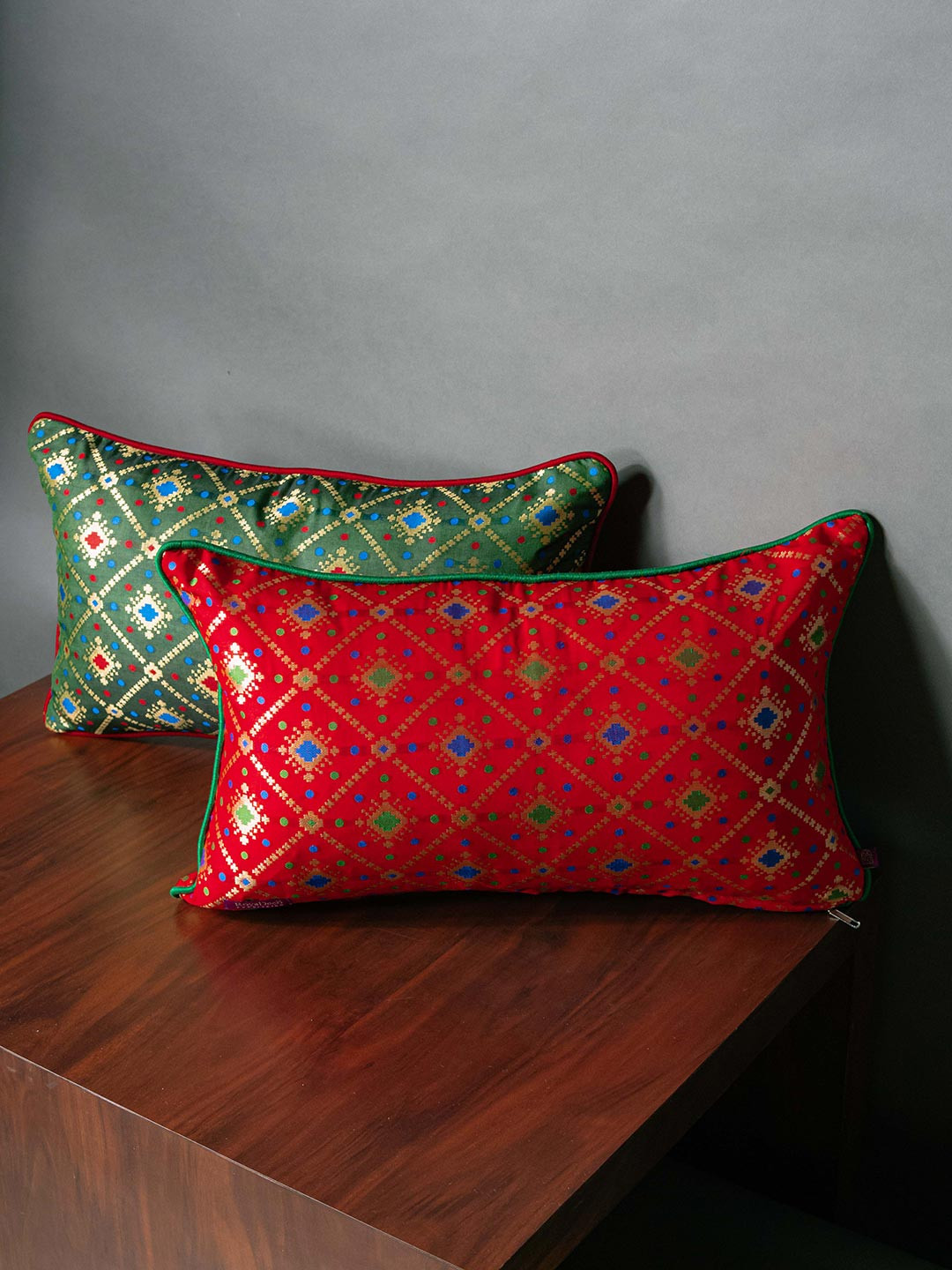 RoyalDeco Bandhani Mesmerizing Geometric Brocade 2 Pcs Textured Cushion Covers - 12 x 20 In