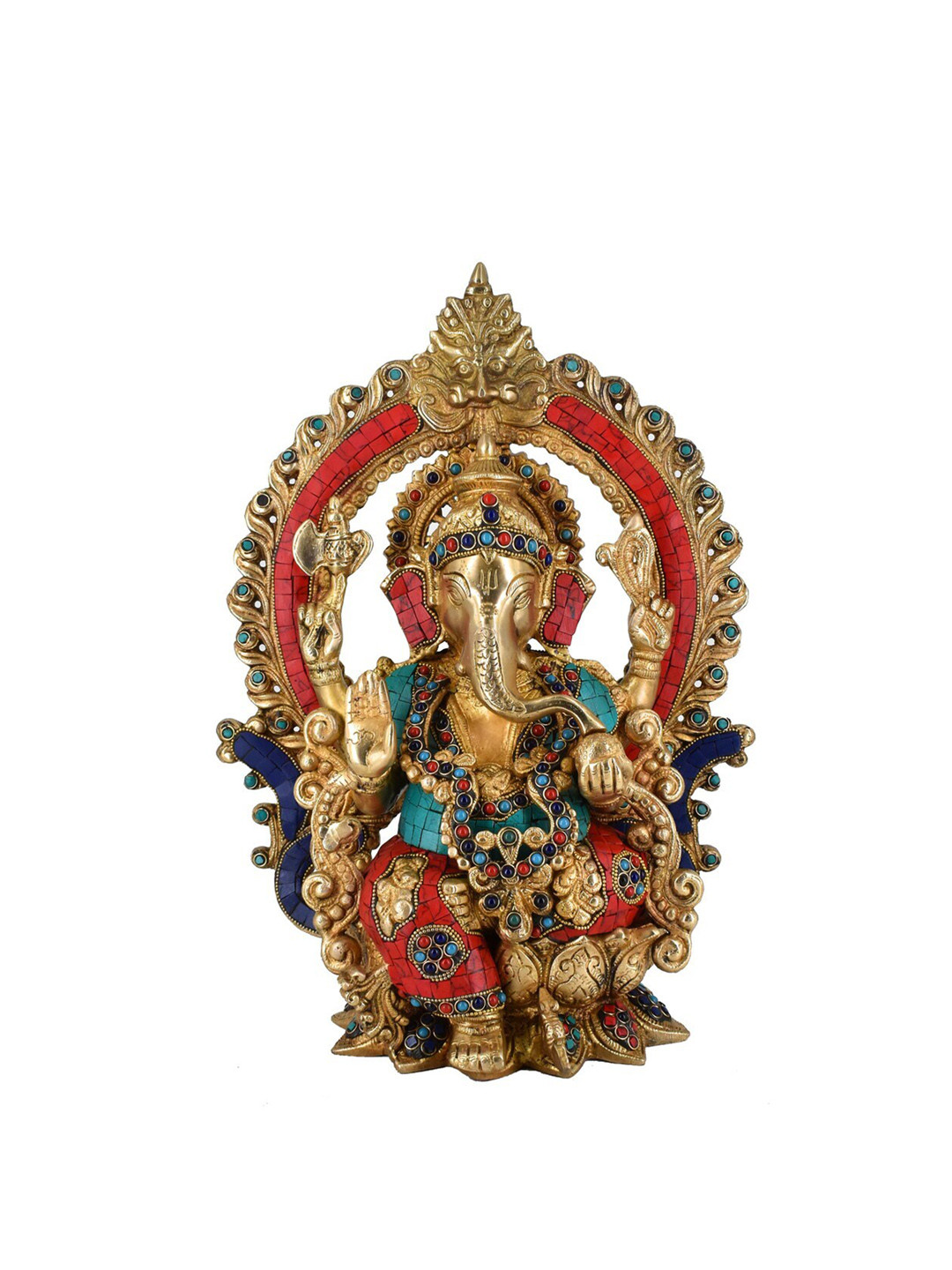 WHITEWHALE Gold Toned & Green Brass Ganesha Idol Showpiece