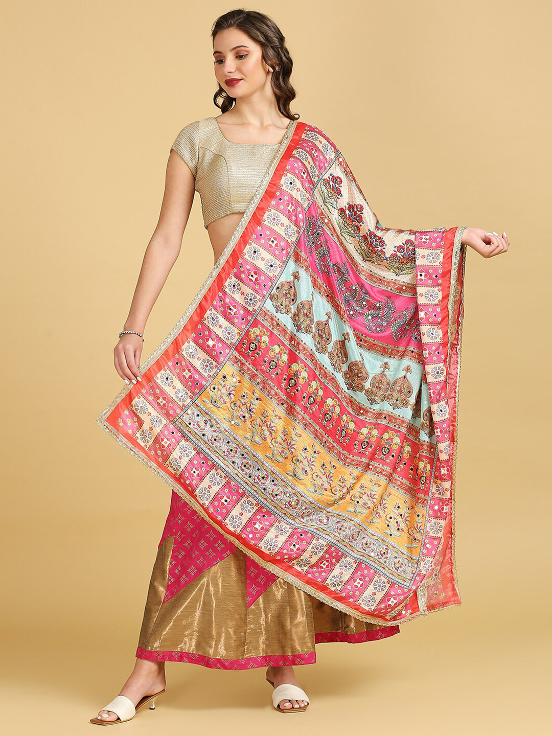 Dupatta Bazaar Ethnic Motifs Printed Mirror Work Detailed Chinon Dupatta