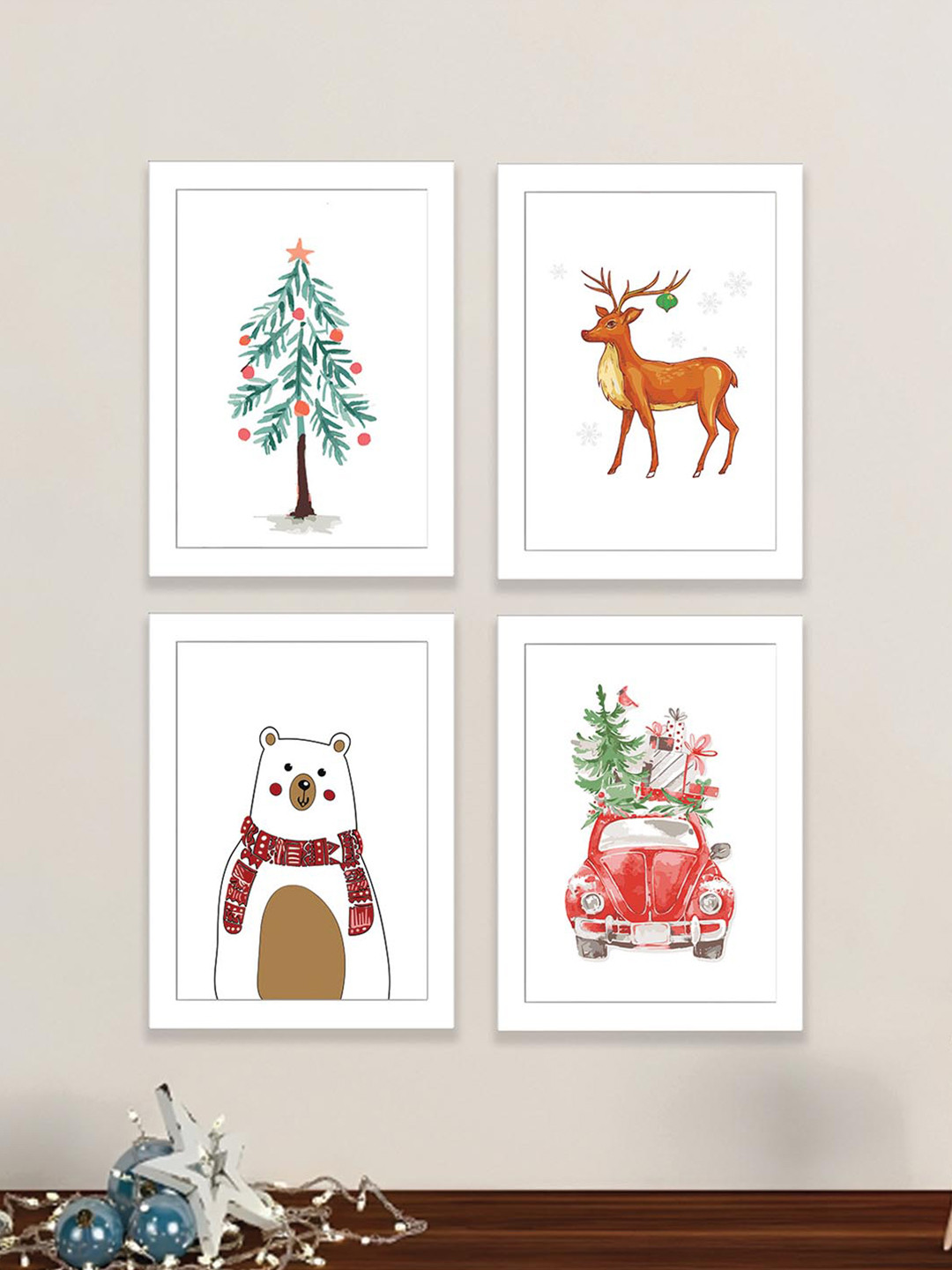 Art Street Christmas Wood 4 Pcs Living Room Rectangle Paintings Wall Art -12.80 x 8.90In