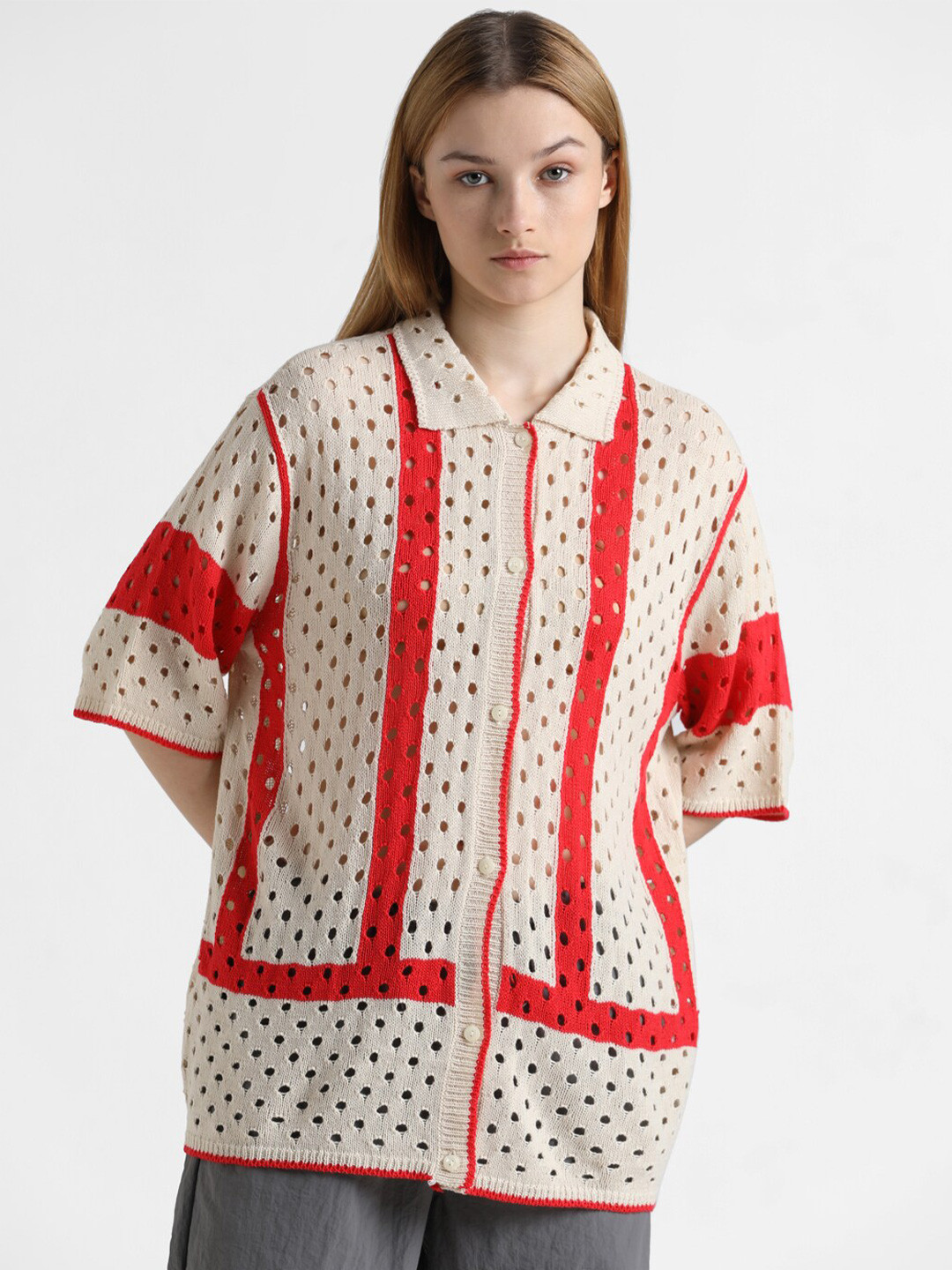 ONLY Striped Short Sleeves Longline Acrylic Cardigan Sweater