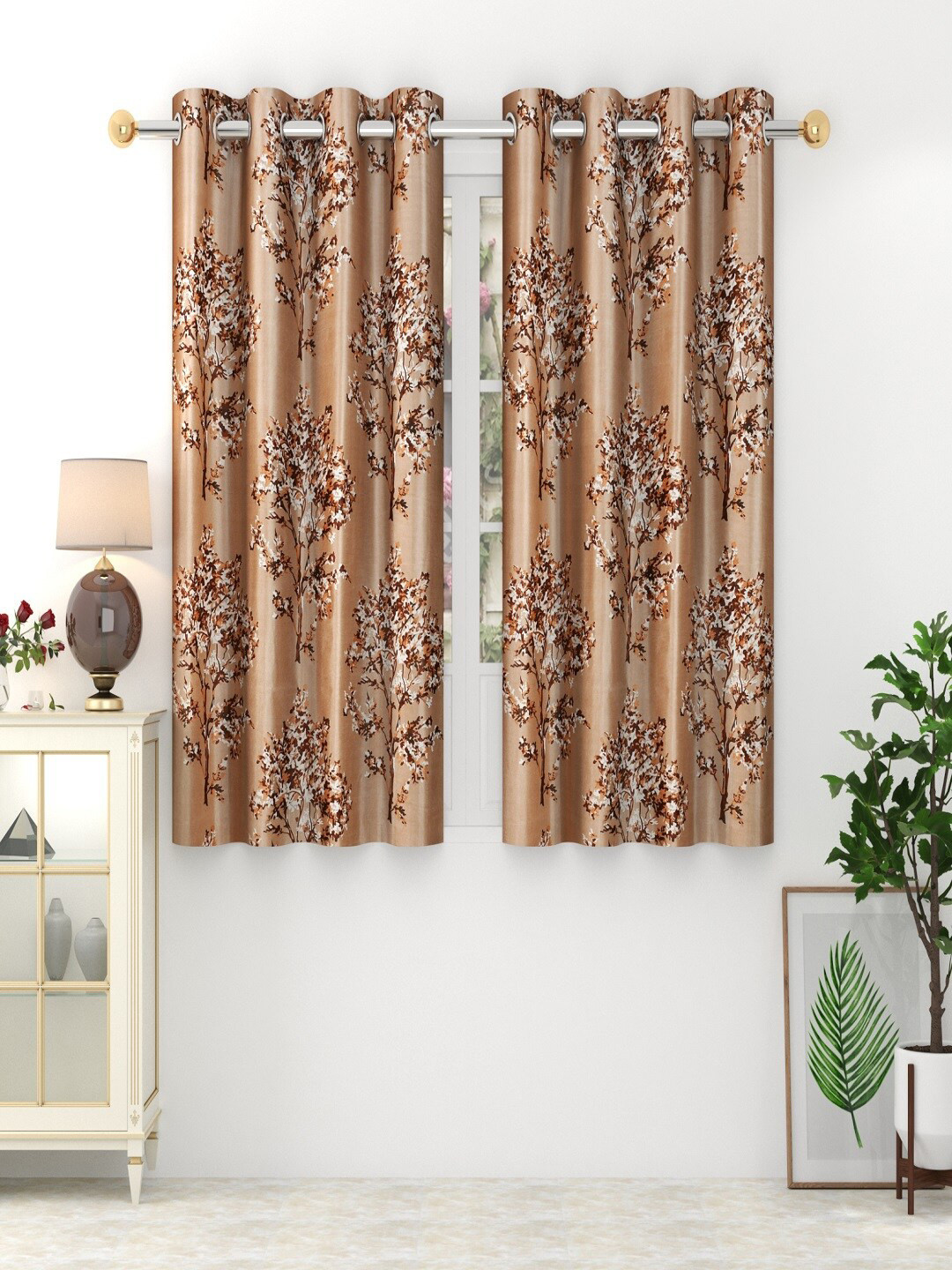 Panipat Textile Hub Dry Tree Brown & Beige 2 Pieces Floral Print Window Curtains