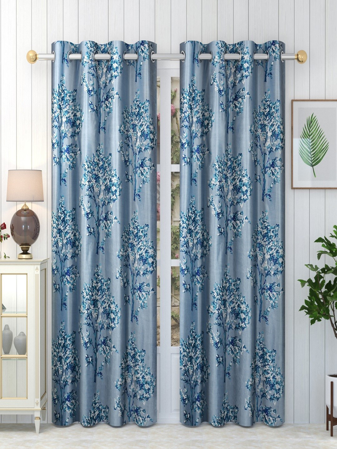 Panipat Textile Hub Blue & White 2 Pieces Floral Door Curtains