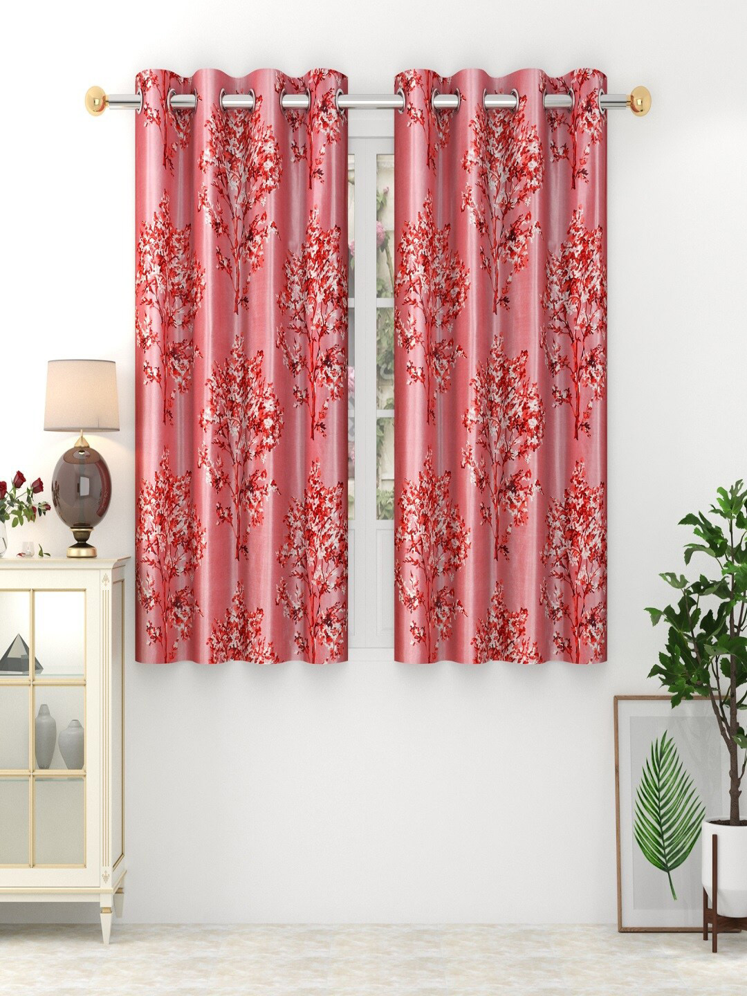 Panipat Textile Hub Maroon & White 2 Pieces Floral  Window Curtains